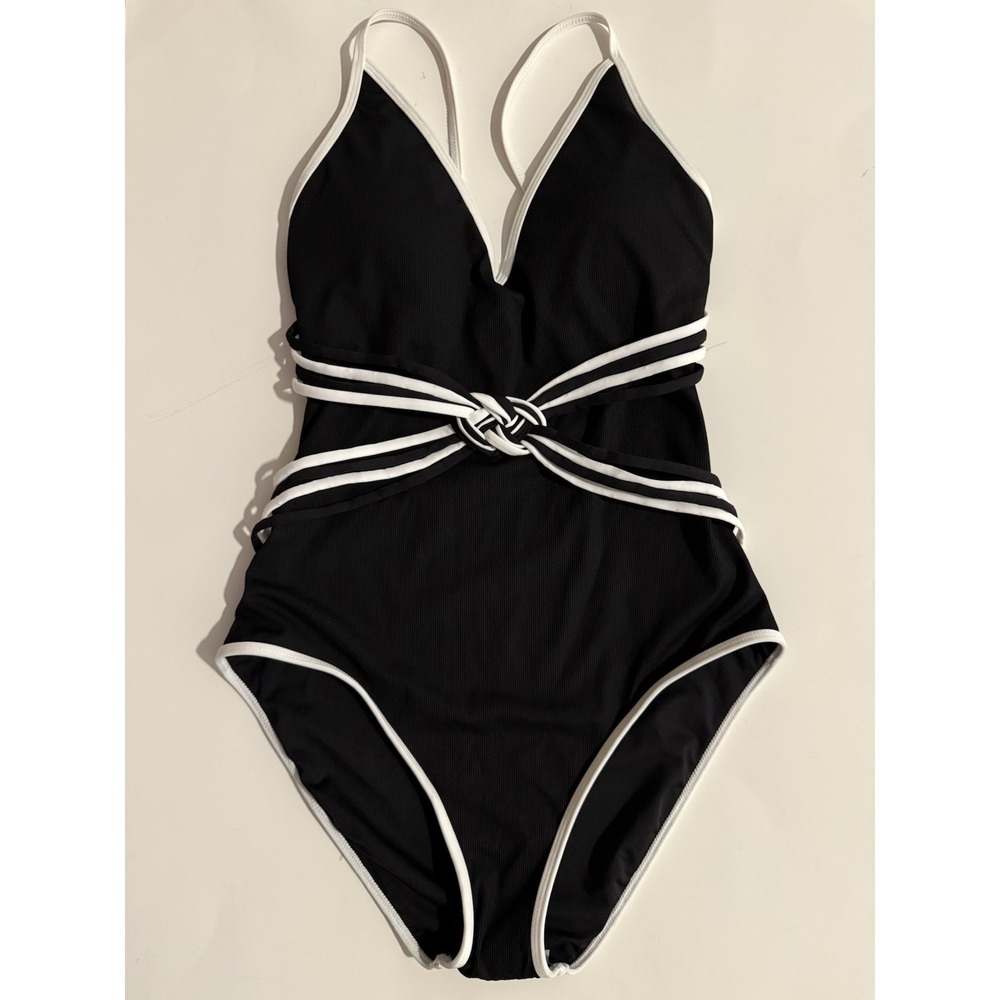 NWT Trina Turk Triumph Micro Rib One Piece Swimsuit Braided Black White 6 Resort